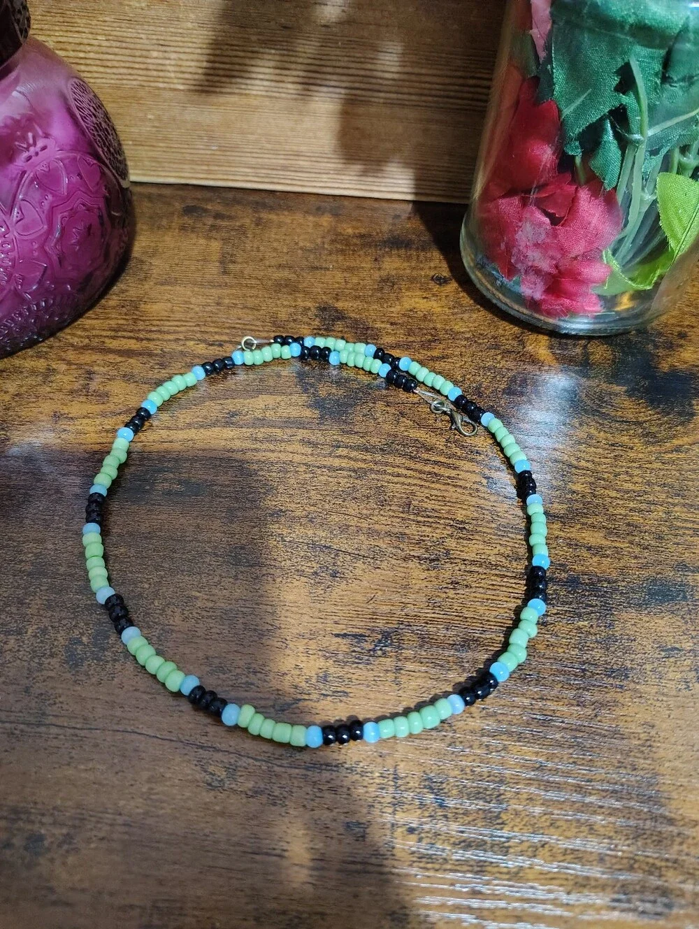 Handmade Green, Black & Light Blue Beaded Men's Necklace